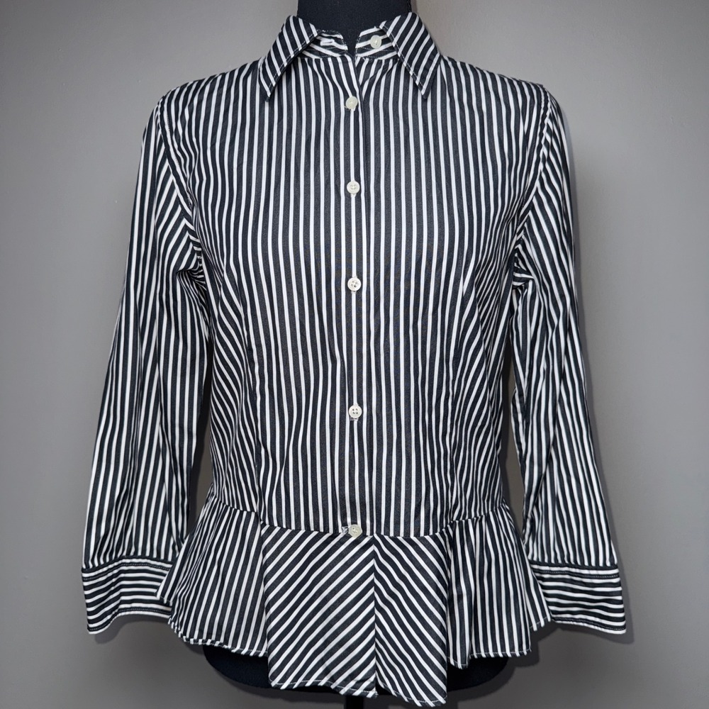 Lauren Ralph Lauren Sz 8 Black White Striped Peplum Button Down Shirt Cotton
